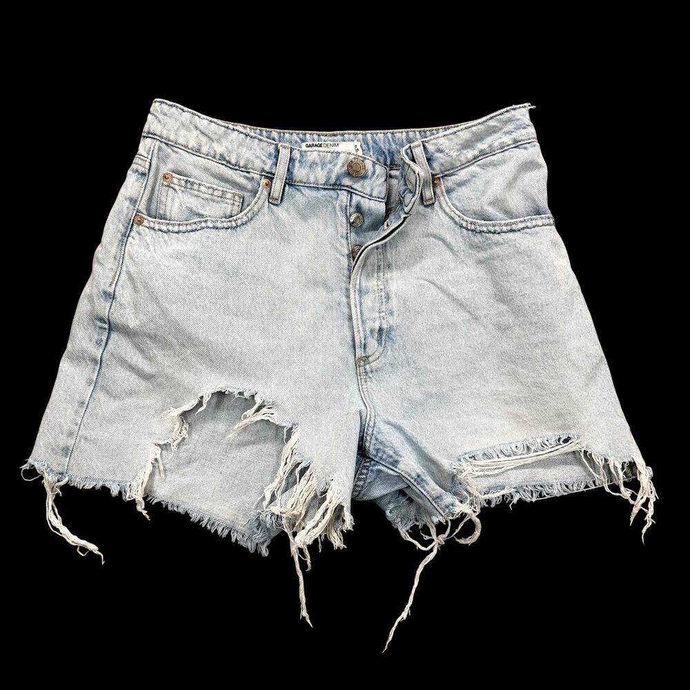 Garage Denim Cut Off Shorts Sz 7 Distressed Light Wash High Rise Raw Hem